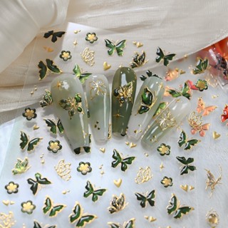 5ง นูนผีเสื้อเล็บสติกเกอร์ฤดูใบไม้ผลิฤดูร้อนอะคริลิทองสีเขีย…