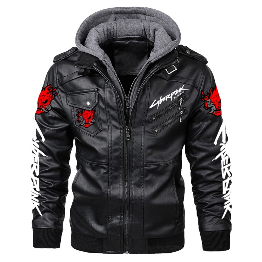 Cyberpunk2077 Casual Motor Hooded PU Leather Jackets Coat Men Outwear Fashion Punk Style Hat Leather