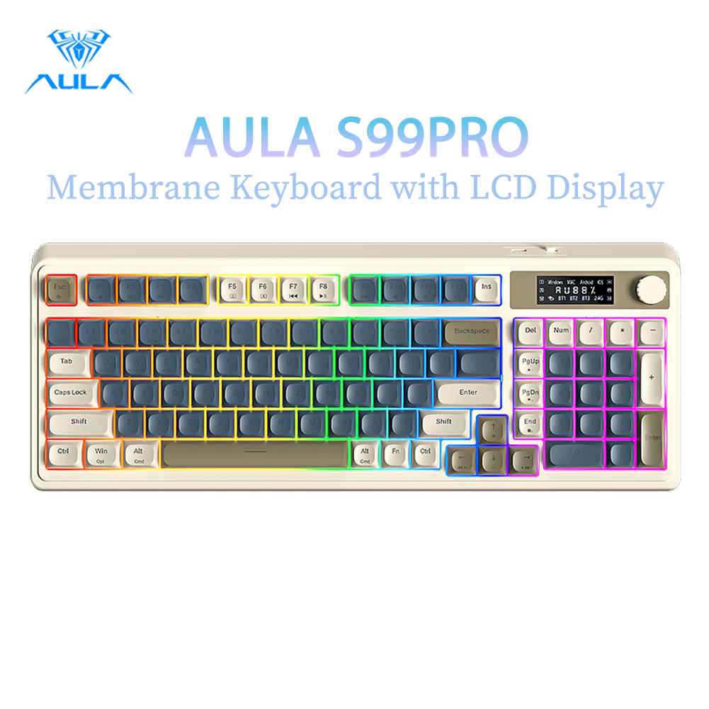Aula S99PRO คีย์บอร์ดเมมเบรน 99 คีย์บลูทูธแบบมีสาย 2.4G RGB จอแสดงผล LCD ลูกกลิ้งมัลติฟังก์ชั่น