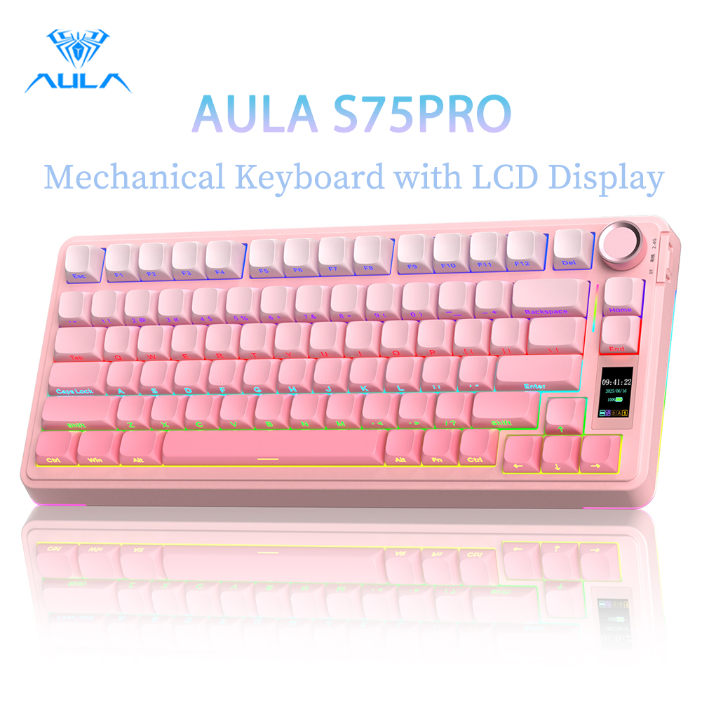 AULA S75PRO คีย์บอร์ดแบบกลไก 80Key บลูทูธ/2.4G/USB-C หน้าจอ LCD และปุ่มมัลติฟังก์ชั่น RGB Backlit