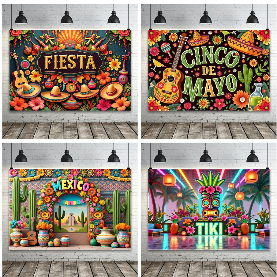 5x3ft เม็กซิกัน Fiesta Theme ฉากหลังเม็กซิกันเทศกาลวันเกิด Cinco De Mayo ฉากหลัง Carnival สีสันธงดอก