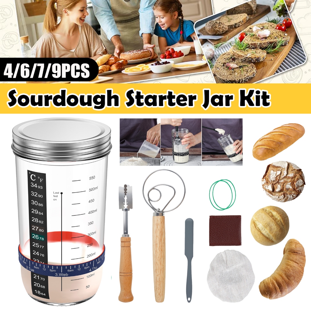 9 ชิ้น ชุดขวดโหลแก้วสตาร์ทเตอร์ Sourdough Starter โหลแก้วหมักแป้ง Jar ชุดขนาด 730ml ทนความร้อน คอนเทนเนอร์พร้อมฝาปิดสําหรับ Baking ชุดสตาร์ทเตอร์ แก้ว พร้อมไม้พาย ผ้าคลุมให้อาหาร มาร์กเกอร์อุณหภูมิ โหลสตาร์ทเตอร์เปรี้ยว สําหรับ