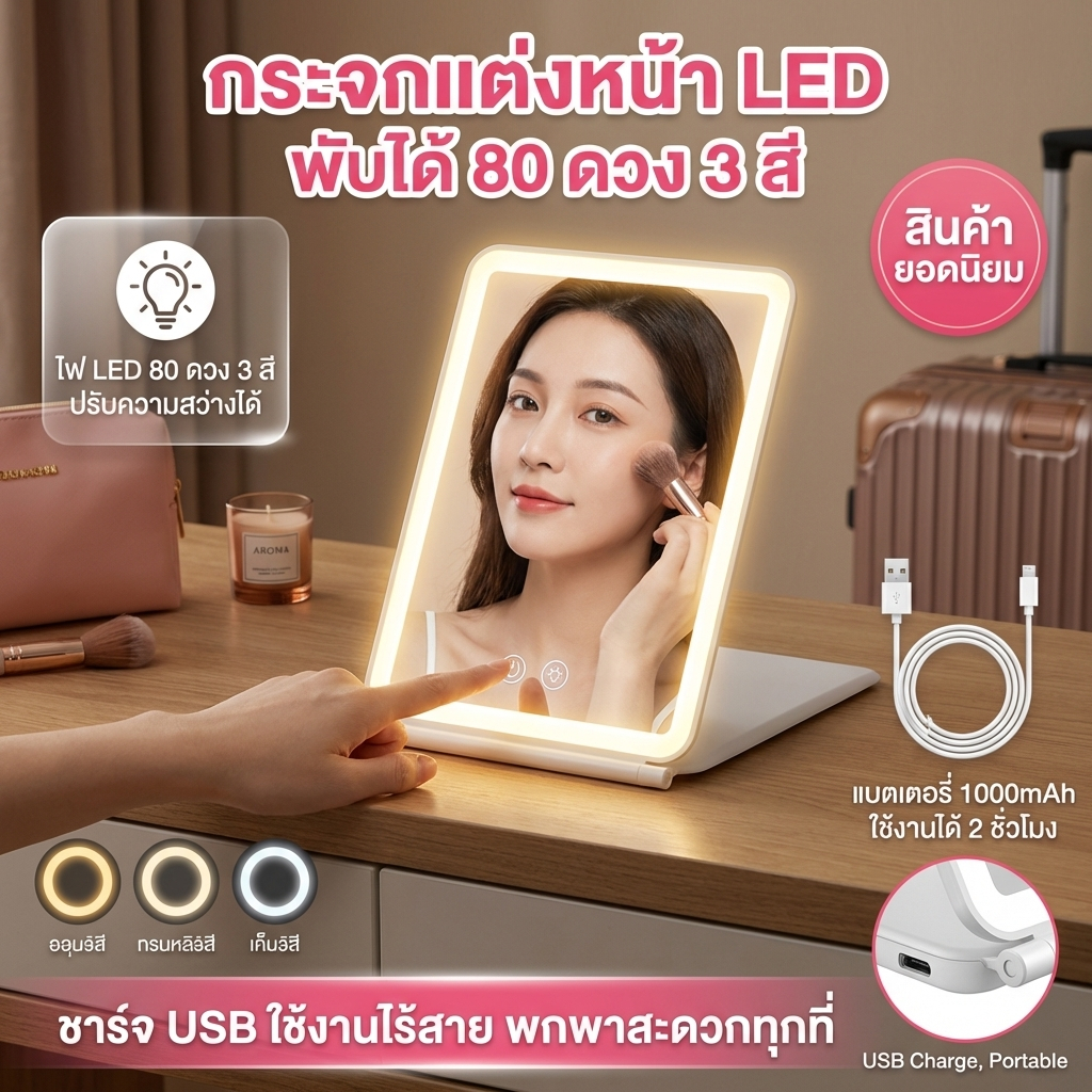 กระจกแต่งหน้าพับได้แบบมีไฟ LED 80 ดวง โหมดแสง 3 สี ชาร์จ USB พกพา