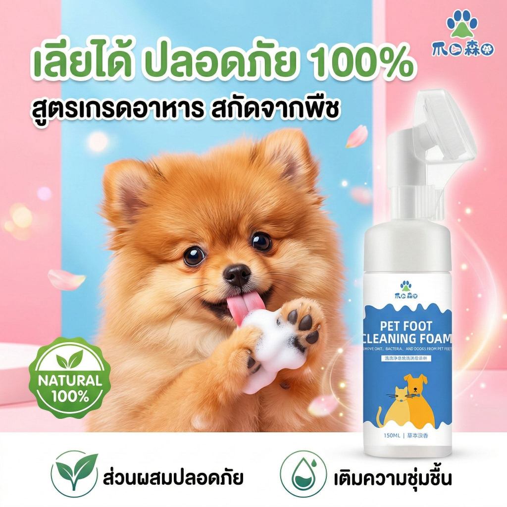 มูสโฟมล้างเท้าหมาแมว หัวแปรงซิลิโคน ไม่ต้องใช้น้ำ ขจัดคราบสกปรก ดับกลิ่นเท้า บำรุงอุ้งเท้า ปลอดภัย เลียได้ 150ml