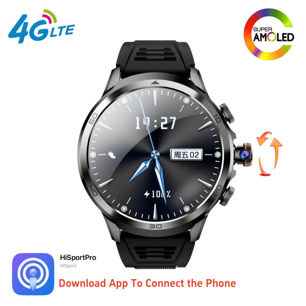 16GB+256GB สมาร์ทวอทช์ 4G 5G LTE พร้อม 190° กล้องโรตารีซิมการ์ดสล็อตแอพดาวน์โหลด GPS WIFI Heart Rate