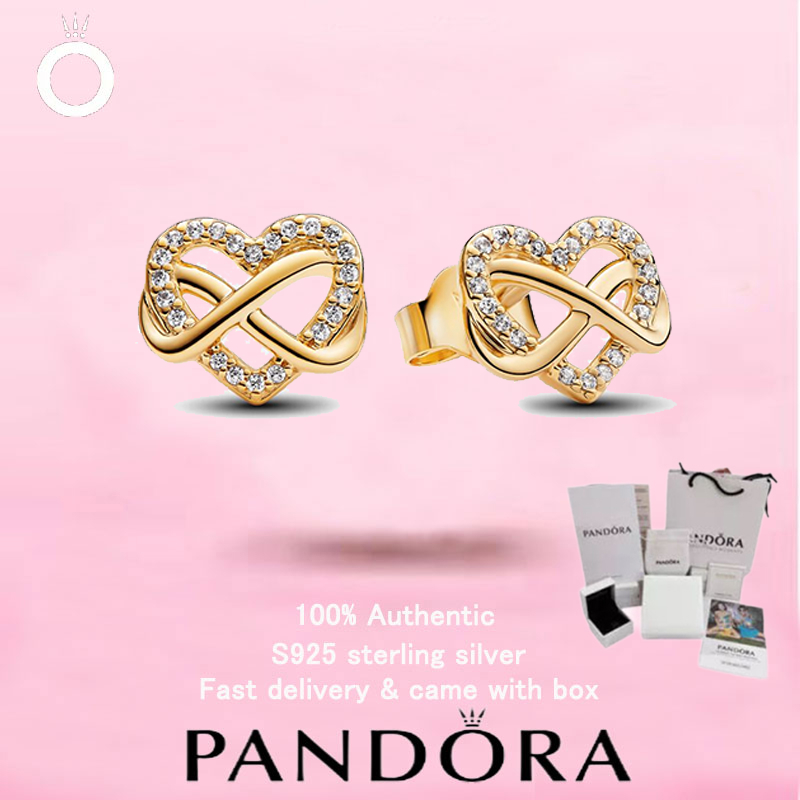 (67)New PANDORA Gold Plated Jewelry ของขวัญวันวาเลนไทน์ Top Choice Sparkling Infinity Heart Stud ต่า
