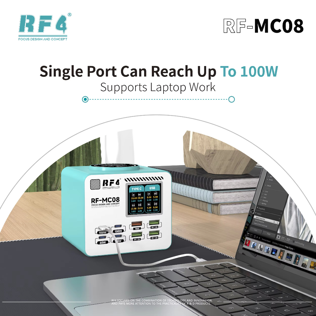 RF4 RF-MC08 เครื่องชาร์จหลายพอร์ตอัจฉริยะรองรับโปรโตคอลชาร์จเร็วหลายตัวสําหรับโทรศัพท์มือถือแท็บเล็ต