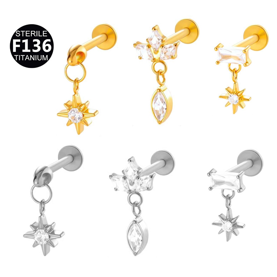 F136 ไทเทเนียม 16G Star Zircon จี้ G23 Zircon ด้ายภายในกระดูกอ่อนต่างหู Helix Tragus Stud Flatback Labret จมูกสตั๊ดเจาะเครื่องประดับ