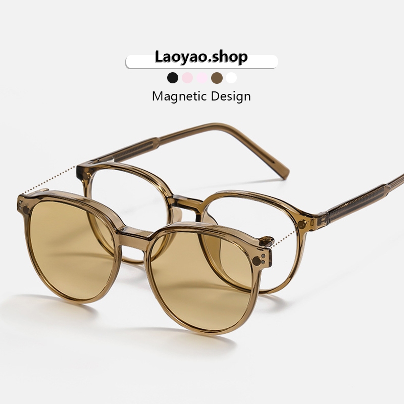 Laoyao.shop 2026 รุ่นใหม่ TR90 กรอบกลมแว่นกันแดดคลิปออนแม่เหล็ก 2-in-1 Commuting แฟชั่นแว่นกันแดดโพลาไรซ์ S066