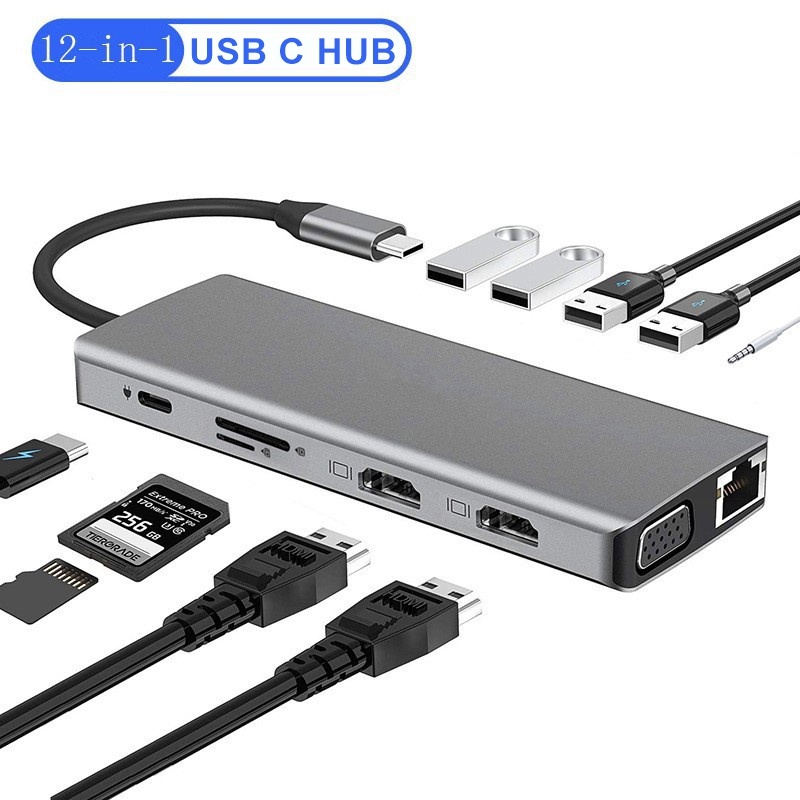 12in1 ประเภท c Docking Station USB C HUB Type-c ถึง Dual HDMI 4k VGA RJ45 SD/TF Card Reader Usb3.0 Hub สําหรับโน้ตบุ๊คแล็ปท็อป USBC Converter