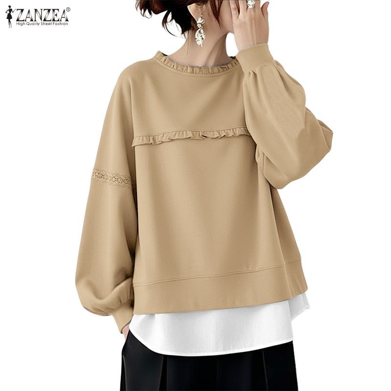 ZANZEA ใส่ ซานเซีย ผู้หญิงเกาหลีฤดูใบไม้ร่วงฤดูหนาวสไตล์ โอ คอโคมไฟแขนไม้หูตัดสีบล็อกเสื้อ — صورة 5