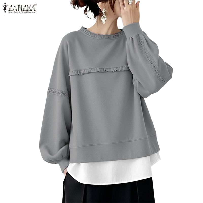 ZANZEA ใส่ ซานเซีย ผู้หญิงเกาหลีฤดูใบไม้ร่วงฤดูหนาวสไตล์ โอ คอโคมไฟแขนไม้หูตัดสีบล็อกเสื้อ