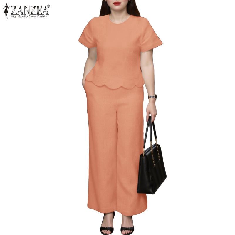 ZANZEA ผู้หญิงเกาหลี Ladylike ลูกเรือคอขอบหยักแขนสั้นขากว้างชุด 2 ชิ้น