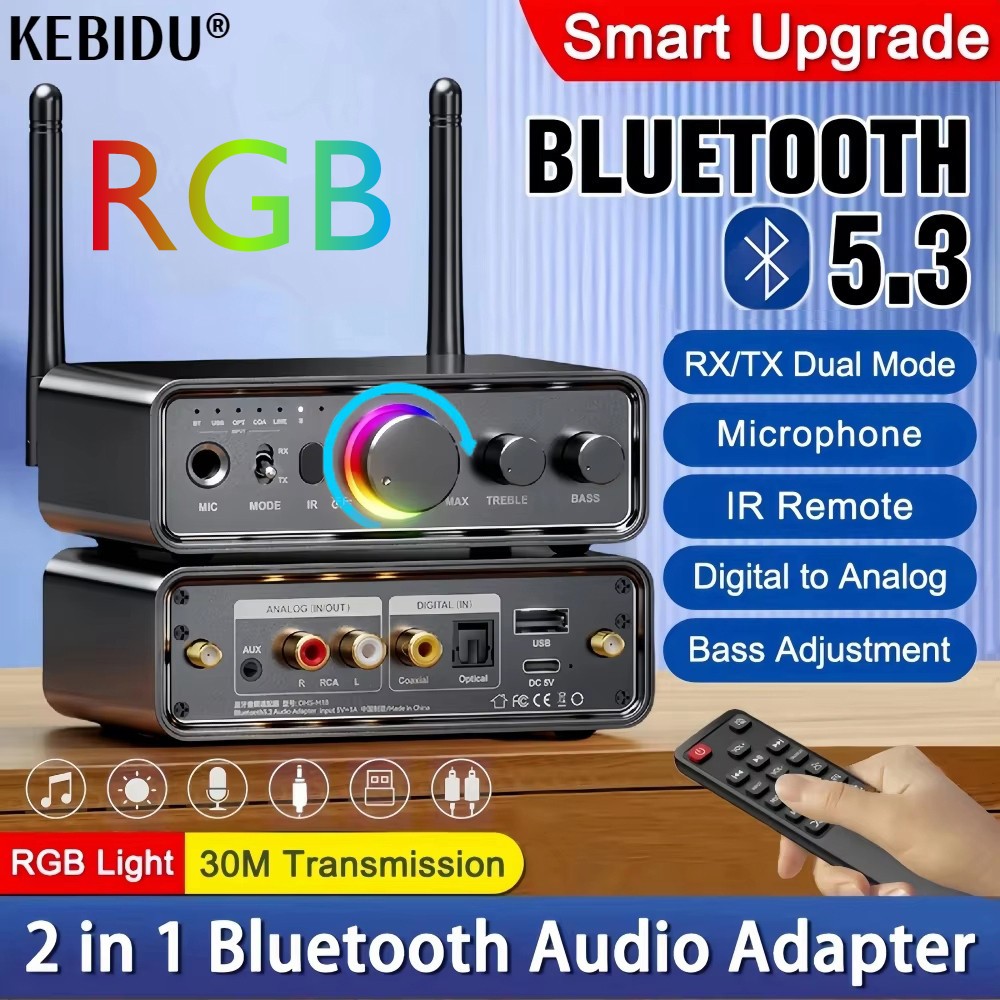 RGB บลูทูธ 5.3 เครื่องส่งสัญญาณเสียง ไมโครโฟน DAC Digital to Analog Conversion DSP AUX/RCA/6.5 มม.คาราโอเกะ HIFI อะแดปเตอร์ไร้สาย