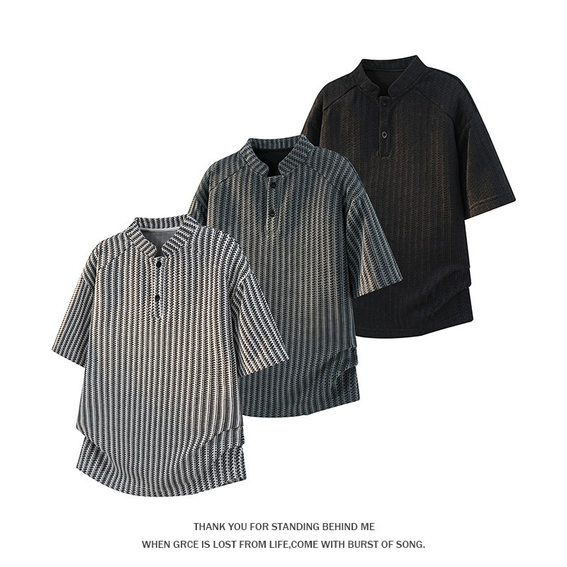 ผู้ชายฤดูร้อน Cleanfit Henley Collar Polo แขนสั้นความรู้สึกระดับไฮเอนด์ Rascal หล่อห้าแขนเสื้อยืดลายก้างปลา