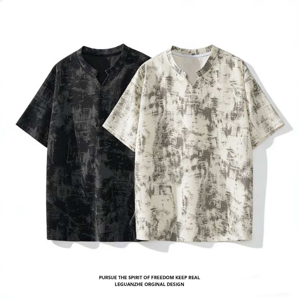ผู้ชายฤดูร้อนผ้าลูกฟูกออกแบบมัดย้อมคอวีแขนสั้นเสื้อยืดอเมริกันซอกหลวมเสื้อยืดแบรนด์อินเทรนด์สบายๆครึ่งแขนด้านบน