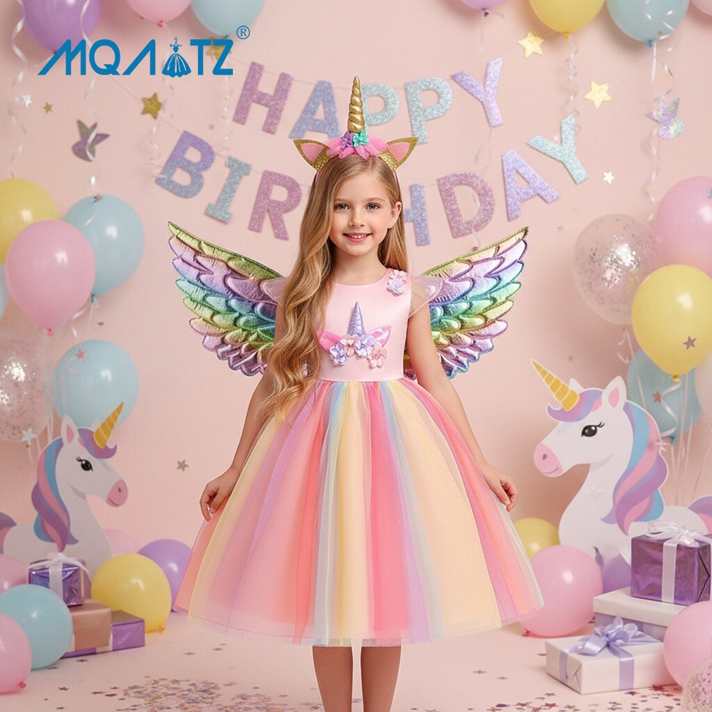 MQATZ สาวแต่งตัวดอกไม้ยูนิคอร์นชุดเด็กชุดเด็กเด็กเสื้อผ้าเสื้อผ้าวันเกิดชุดเจ้าหญิงสาว DJS003