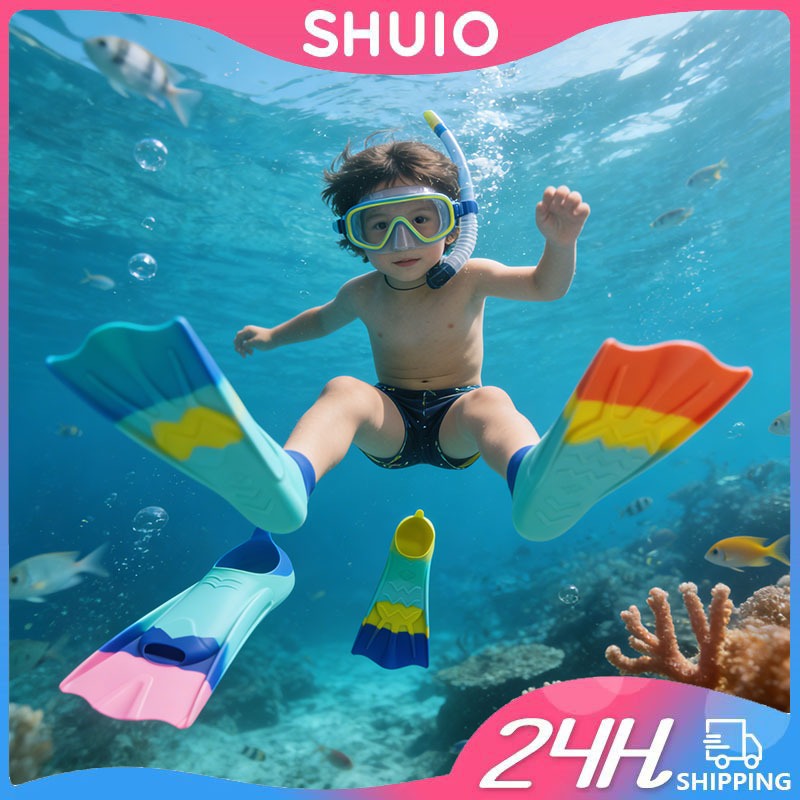 SHUIO เด็กซิลิโคนว่ายน้ําการฝึกอบรมครีบสั้นอุปกรณ์ดําน้ําตื้น Flippers