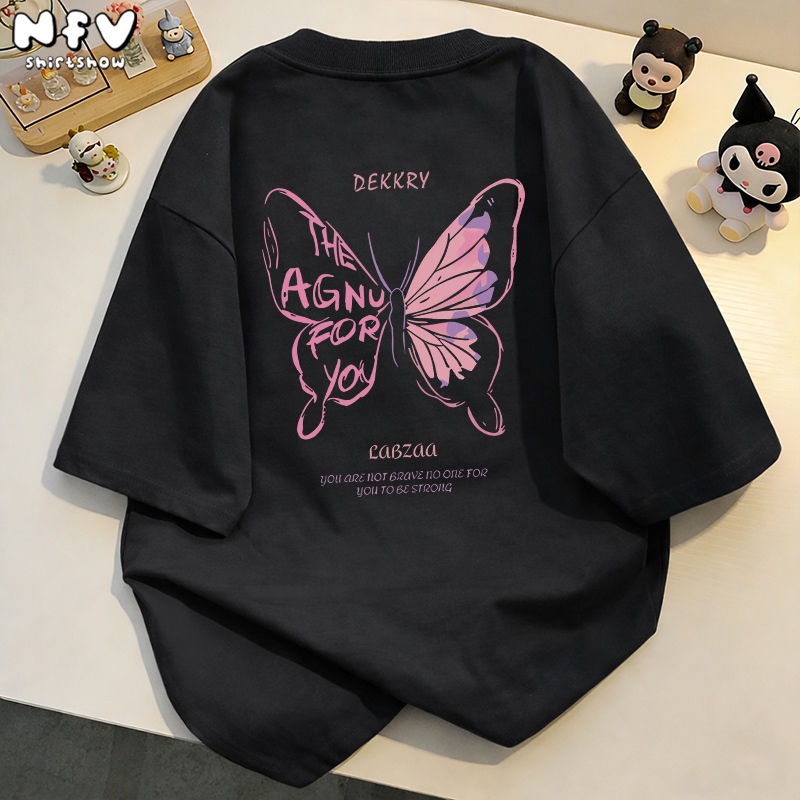 NFV พร้อมส่งจากกทม เสื้อยืดผู้หญิงสไตล์วินเทจอเมริกันโอเวอร์ไซส์ ลายผีเสื้อ ผ้าฝ้าย คอกลม แขนสั้น YG997