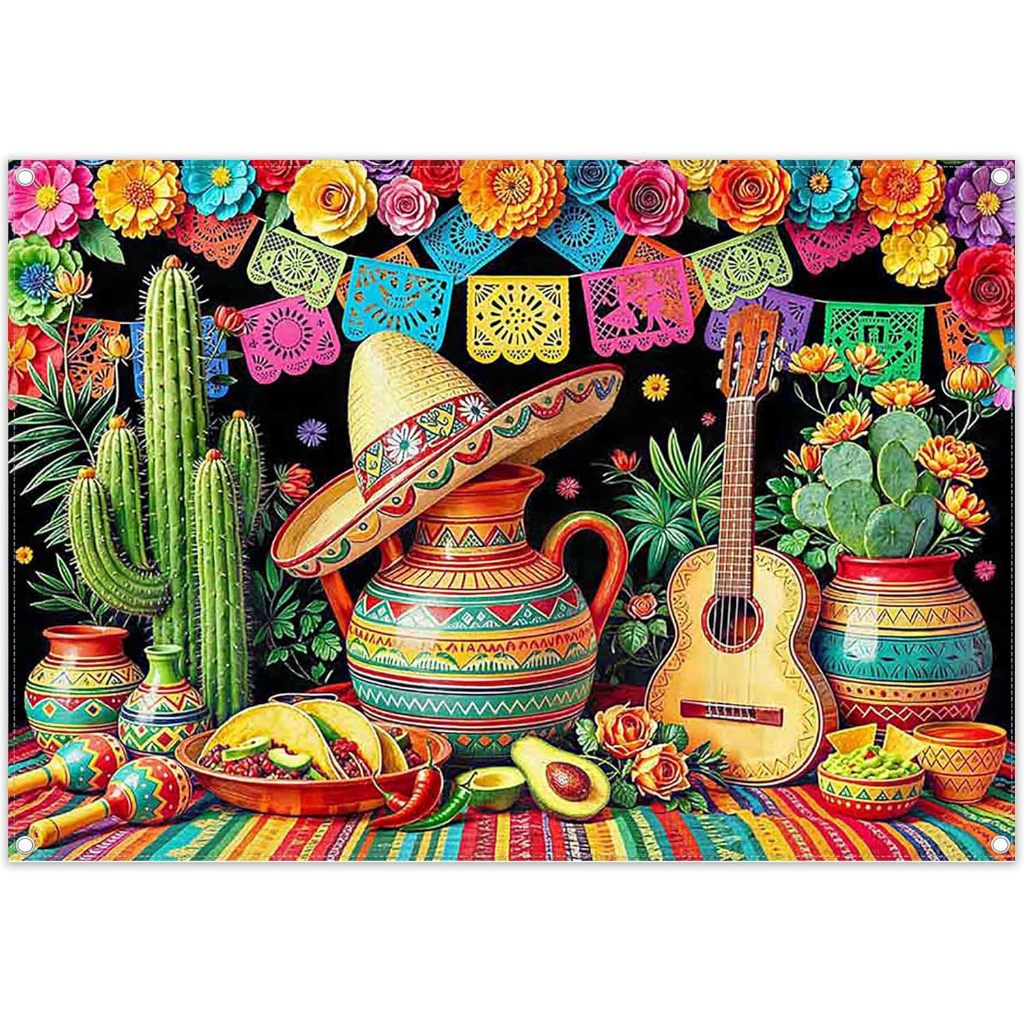 7x5ft ผ้าเม็กซิกัน Fiesta ฉากหลังที่มีสีสัน Serape ผ้าห่ม Pinata กระบองเพชรกีตาร์ดอกไม้การถ่ายภาพพื้