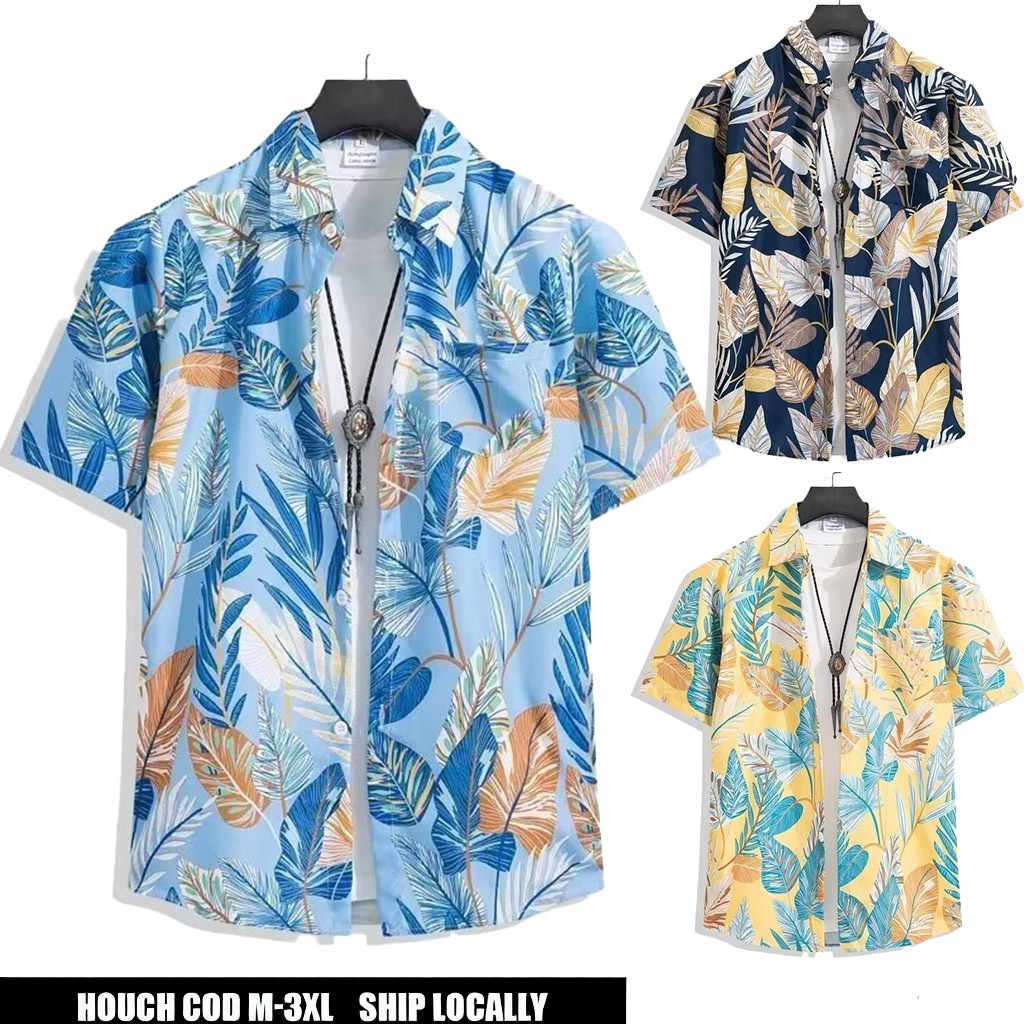 Houch พร้อมส่ง COD เสื้อฮาวาย เสื้อเชิ้ตเกาหลี โอเวอร์ไซส์แขนสั้นลําลองสําหรับผู้ชายผ้านุ่ม