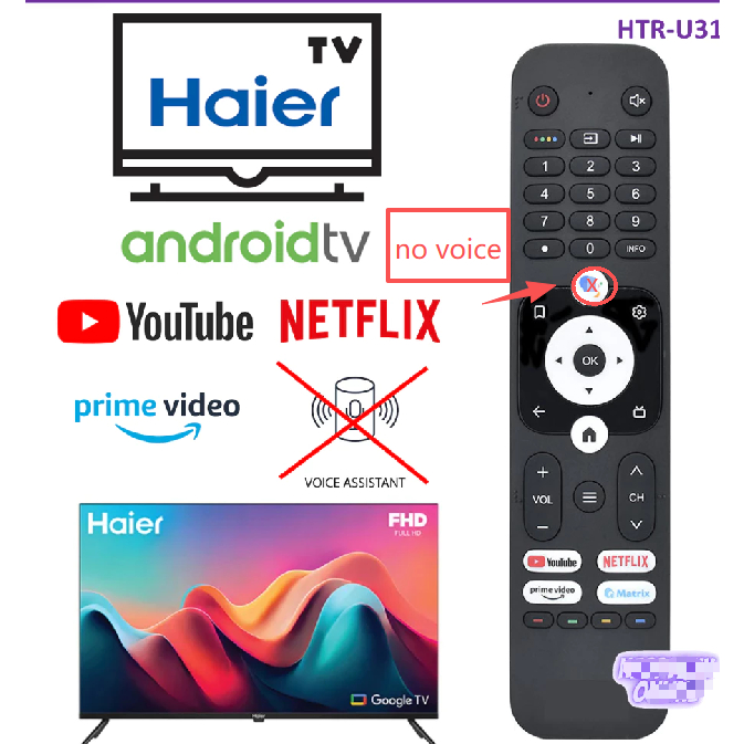 Haier android TV / Smart TV รีโมทคอนโทรล HTR-U31(ไม่มีเสียง) เข้ากันได้กับ H43K66UG PLUS H50K66UG PL