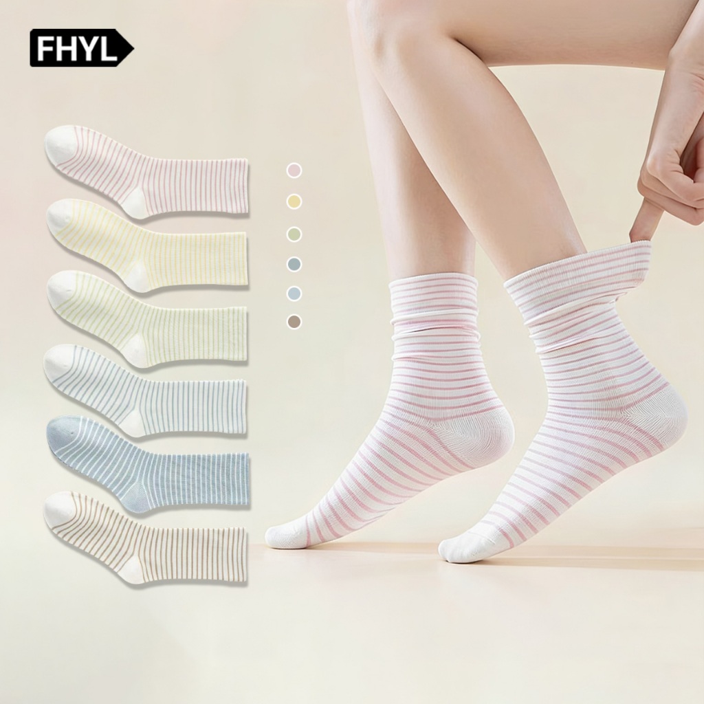 ฟห์ล ถุงเท้าผ้าฝ้ายลําลองลายทางเกาหลีสําหรับผู้หญิงแฟชั่นสวมใส่ทุกวันถุงเท้าทรงสูงแบบนุ่มสําหรับผู้หญิง