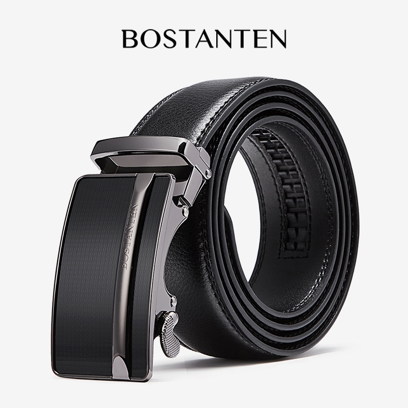 BOSTANTEN เข็มขัดผู้ชาย หัวเข็มขัดอัตโนมัติ เข็มขัดผู้ชายหนังแท้ แฟชั่นคลาสสิกสีดำ