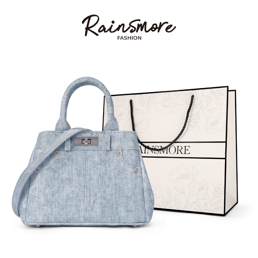 RAINSMORE Denim กระเป๋าถือและสะพายข้างสำหรับสตรี ดีไซน์เรียบร้อย เหมาะสำหรับการทำงานและการเดินทาง