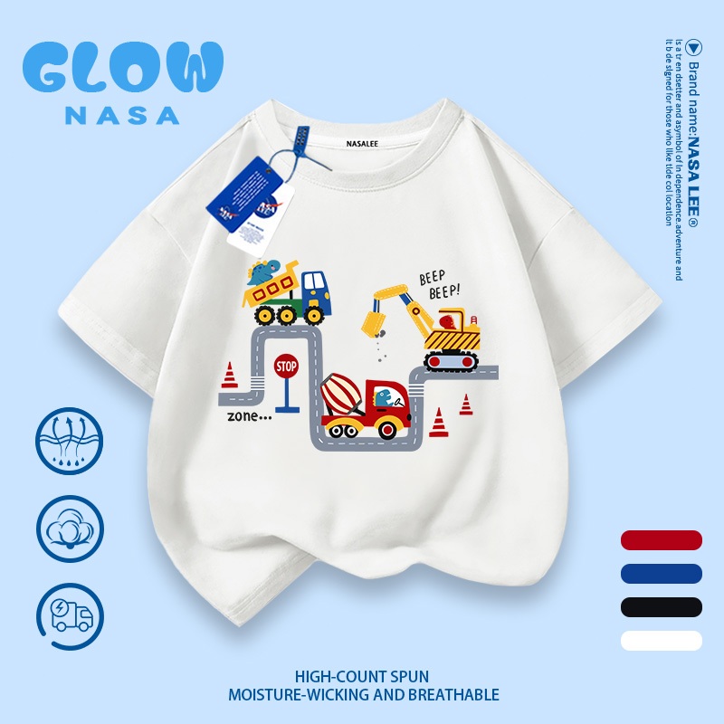 【จัดส่งจากกรุงเทพฯ】เสื้อยืดแขนสั้นคอตตอนสีขาวสำหรับเด็ก ลายรถขุด ระบายอากาศดี สไตล์แมทช์ง่าย สำหรับเด็กอายุ 3-16 ปี ทั้งชายและหญิง ร่วมดีไซน์กับ NASA