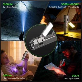 Wurkkos HD05 3100LM ไฟ UV ชาร์จเร็ว 3 ชั่วโมง+สปอตไลท์+ไฟสีแดงปรับอุณหภูมิสีได้ 3000K-6000K ไฟแคมป์ปีกไฟพับได้