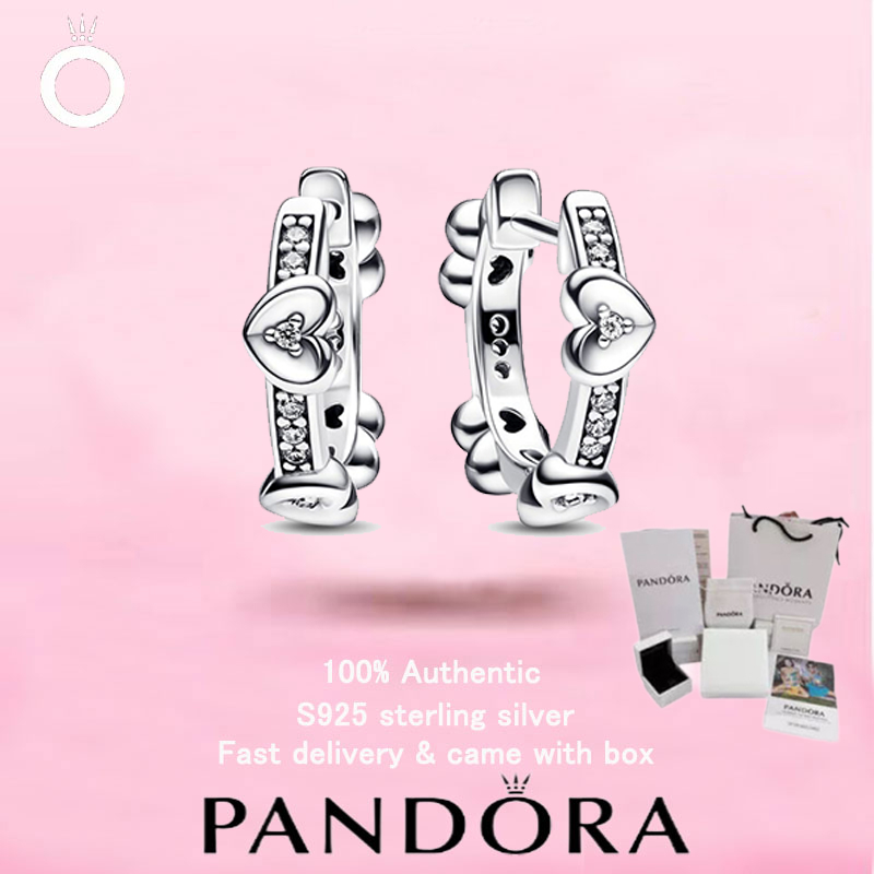 (106)ใหม่ PANDORA S925 เครื่องประดับเงินสเตอร์ลิงของขวัญวันวาเลนไทน์ Top Choice Radiant Sparkling Hearts Hoop ต่างหู