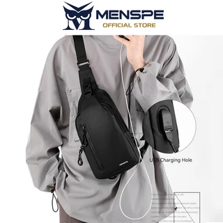 Menspe กระเป๋าคาดหน้าอก USB รูหูฟังดีไซน์กระเป๋าซิปสองชั้นความจุขนาดใหญ่กระเป๋า