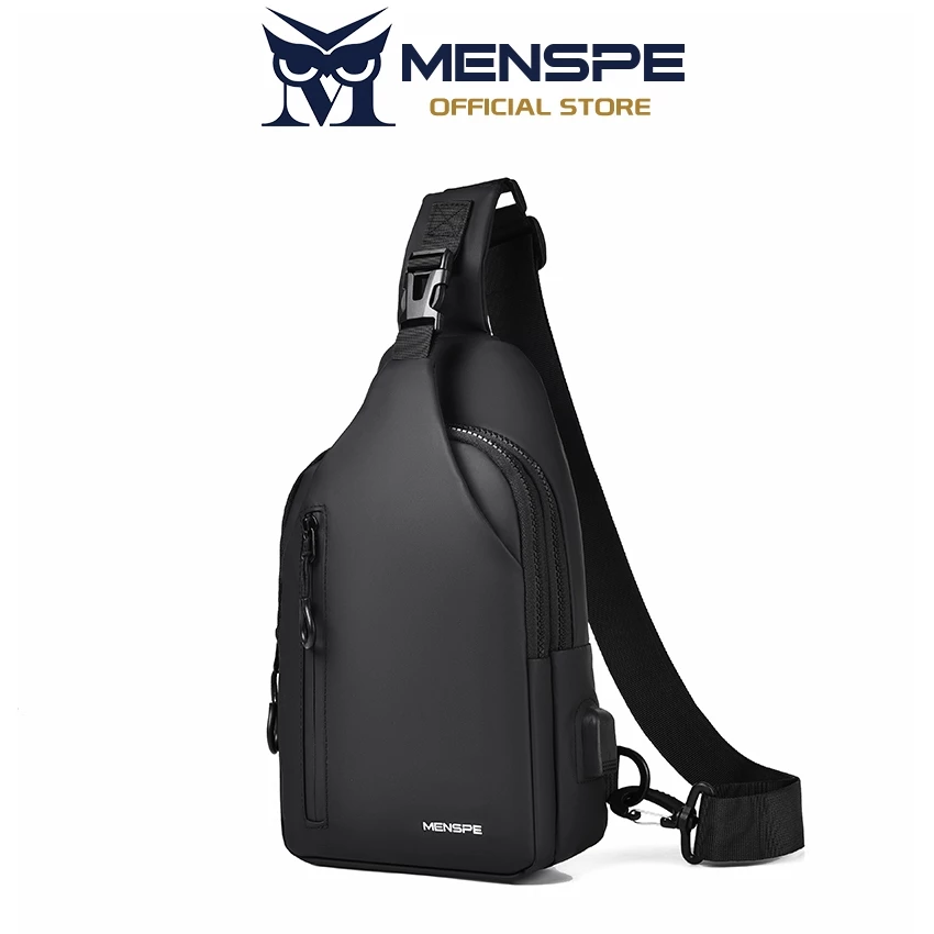 Menspe กระเป๋าคาดหน้าอก USB รูหูฟังดีไซน์กระเป๋าซิปสองชั้นความจุขนาดใหญ่กระเป๋า