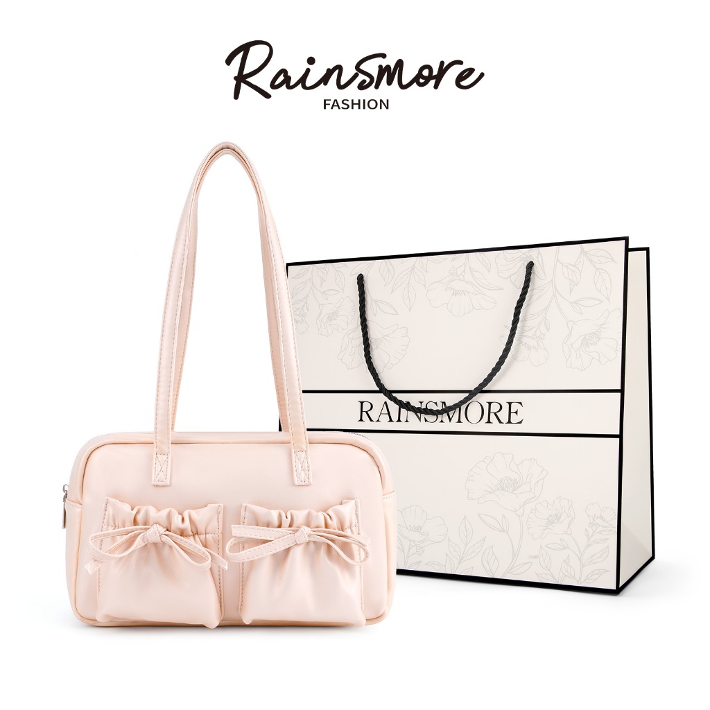 RAINSMORE - กระเป๋าถือ tote สีชมพู ดีไซน์โบว์ หลากช่องเก็บของ พกพาสะดวกสำหรับการเดินทางและการใช้งานในแต่ละวัน