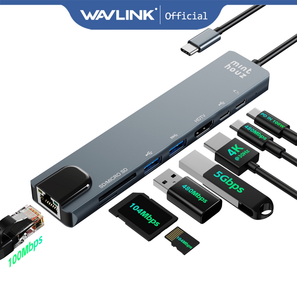 Minthouz USB-C Hub, อะแดปเตอร์หลายพอร์ต 8-in-1, พร้อมการชาร์จผ่าน 90W, 4K HDTV, 5Gbps USB-A, 104Mbps