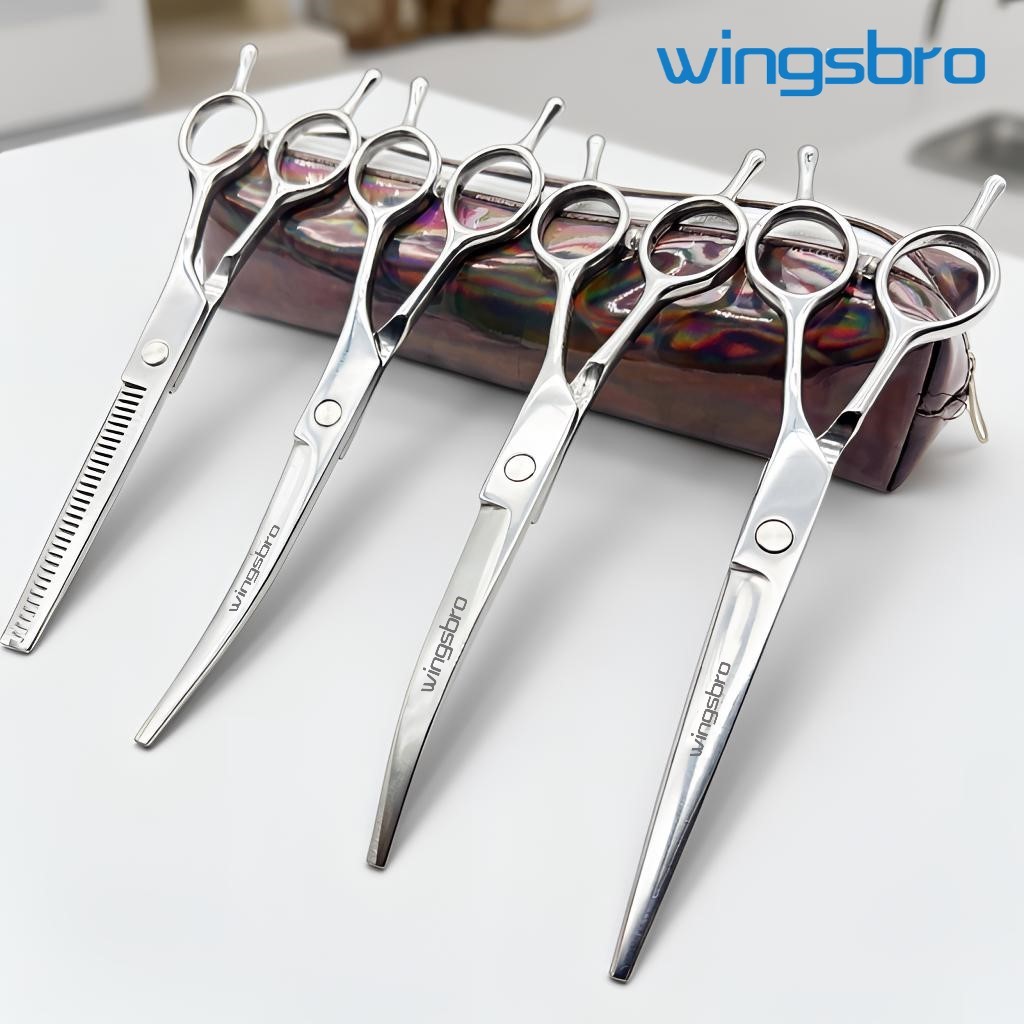 ชุดกรรไกรตัดแต่งขนสุนัขสแตนเลสขนาด 7.5 นิ้วพร้อมกรรไกรโค้งและกรรไกรผอมบางสําหรับสุนัขและแมวสัตว์เลี้ยง