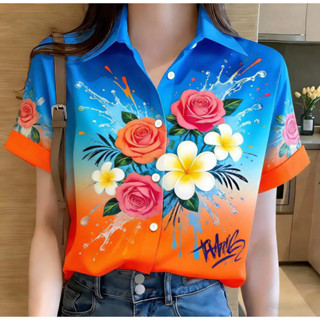 เสื้อเทศกาลสงกรานต์ เสื้อผู้หญิง มีชีวิตชีวา สีส้มสายรุ้งพิม…