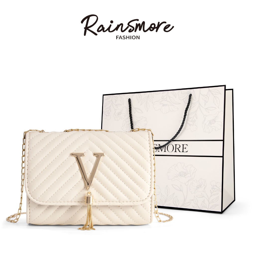 RAINSMORE พร้อมโลหะตกแต่ง "V" กระเป๋าถือสุภาพสตรี โซ่ทอง ประดับเพชร กระเป๋าถือโซ่