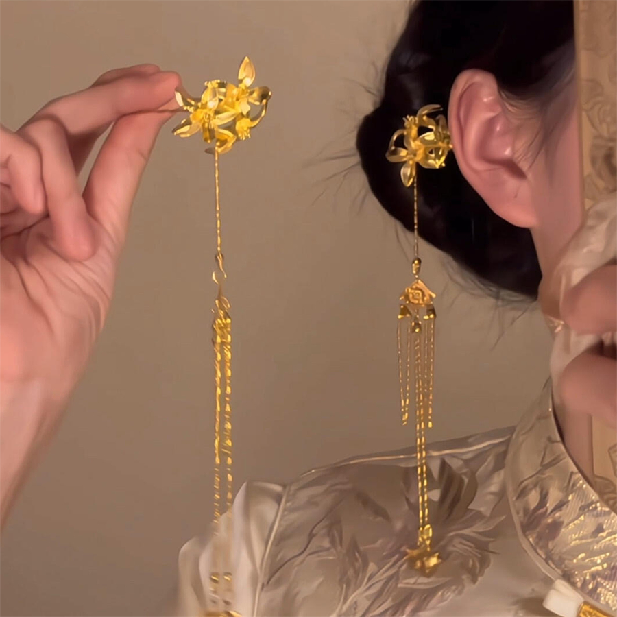 ใหม่สไตล์จีน Golden Gardenia Hairpin ครอบคลุม Sideburns ดอกไม้พู่ Hairpin สไตล์โบราณ Step Shaking Headdress