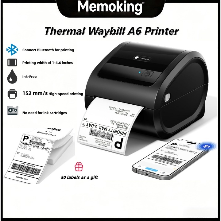 Phomemo D520BT Thermal Waybill A6 Printer + 30 ป้าย, เครื่องพิมพ์ฉลาก 4X6 นิ้วสําหรับ shopee TikTok 