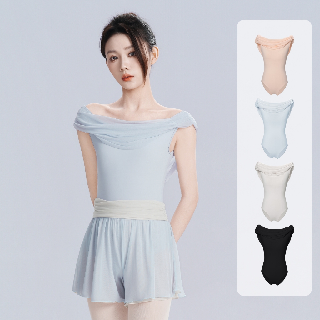 ผู้หญิงตาข่าย Splice Off-the-ไหล่ Draped Neckline เนื้อเพลงเต้นรํา Leotard ไนลอนยืดหยุ่นสูงยิมนาสติกสวมใส่ Ballerina ชุดสําหรับผู้ใหญ่