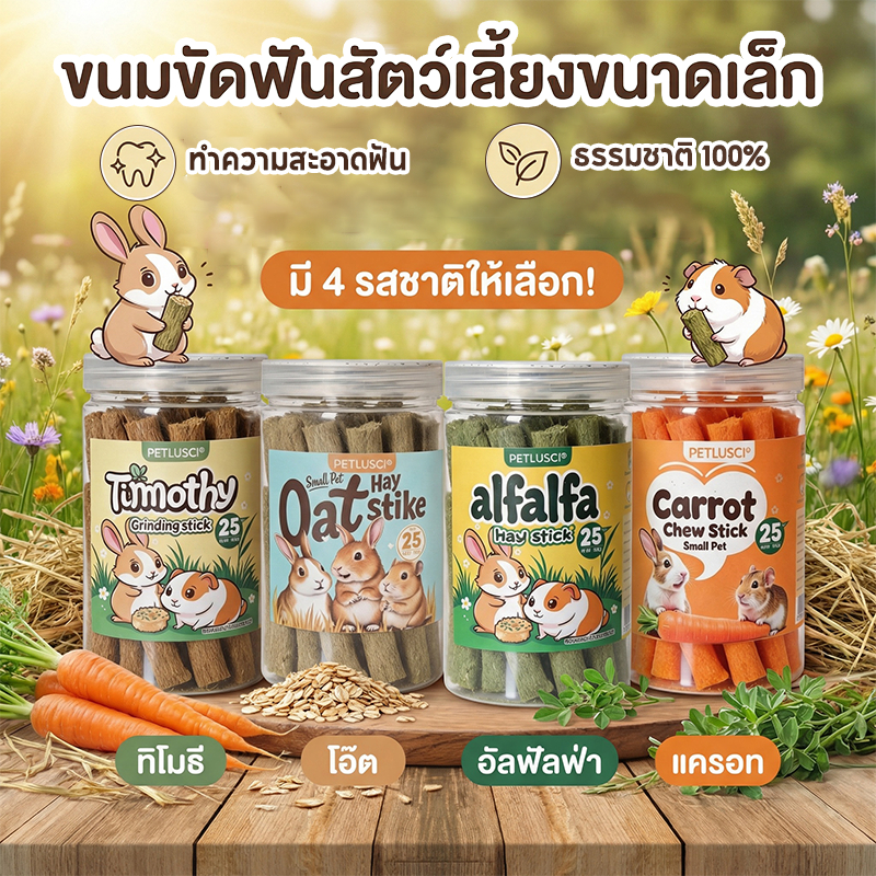 หญ้าอัดแท่ง หญ้าสติ๊ก ทำจากหญ้าทิโมธีแท้ ผสมแครอท、หญ้าโอ๊ต、ดอกไม้ 100% สำหรับลับฟันสัตว์ฟันแทะ ขนมกระต่าย🐰🐹