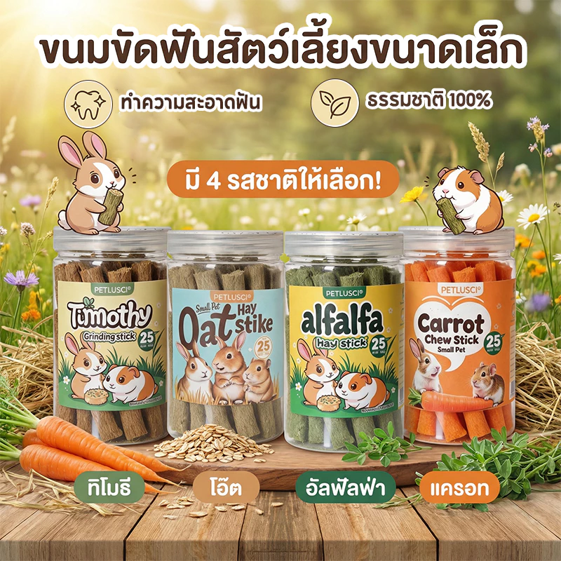 หญ้าอัดแท่ง หญ้าสติ๊ก ทำจากหญ้าทิโมธีแท้ ผสมแครอท、โอ๊ต、ดอกไม้ 100% สำหรับลับฟันสัตว์ฟันแทะ ขนมกระต่าย🐰🐹