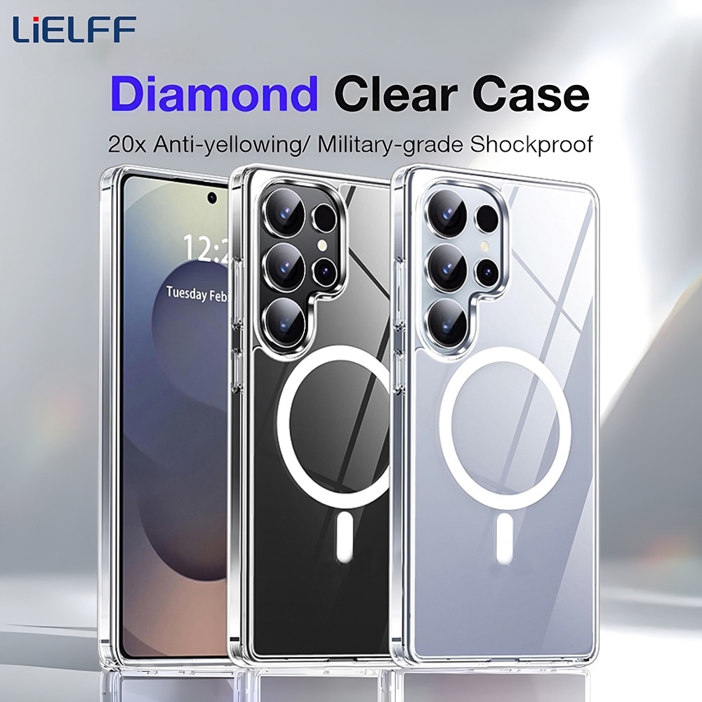 LiELFF แม่เหล็กคริสตัลโปร่งใสสําหรับ Samsung Galaxy S26 S25 S24 S23 S22 S21 Ultra Plus FE Claar ปลอกกันกระแทกไร้สายชาร์จ