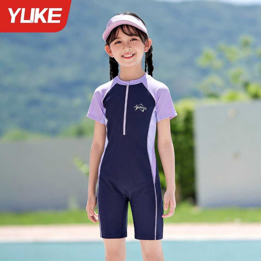 YUKE Quick Dry One Piece ชุดว่ายน้ําเด็กแขนสั้นชายหาดดําน้ําผิว Anti UV Rash Guard ชุดว่ายน้ําสําหรับสาว