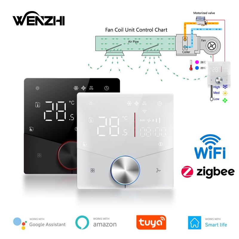 Zigbee/Wifi เครื่องปรับอากาศพัดลมเทอร์โมคอยล์หน่วยระบายความร้อนที่บ้าน/ท่อความร้อนควบคุมอุณหภูมิ Tuya Smart Life Control