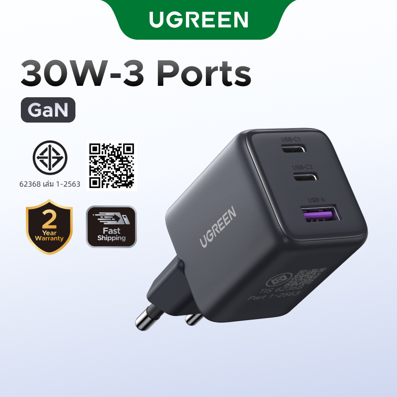 UGREEN TissIUGREEN 20W/30W/45W GaN Charger USB-C/USB-A 2/3 พอร์ต Charger Nexode GaN Fast Charger USB