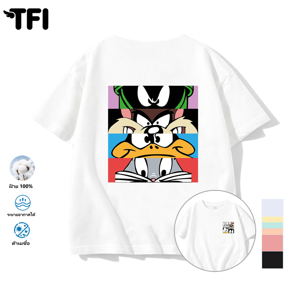 TFI เสื้อยืดแขนสั้นเด็ก สไตล์ลำลอง summer Looney Tunes พิมพ์ลาย คอตตอน คอกลม หลวมและระบายอากาศ สำหรั