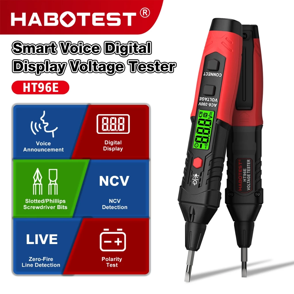 HABOTEST HT96E สมาร์ทพูดคุยเครื่องทดสอบแรงดันไฟฟ้า AC 6-390V NCV เครื่องตรวจจับแรงดันไฟฟ้าพร้อมตําแหน่งผิดเครื่องทดสอบไฟฟ้ามือไขควง